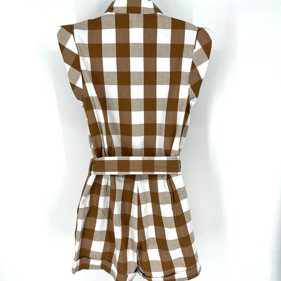 Anthropologie Whit Two 100% Cotton Buffalo Plaid Brown Romper Belted Size S - Picture 4 of 12
